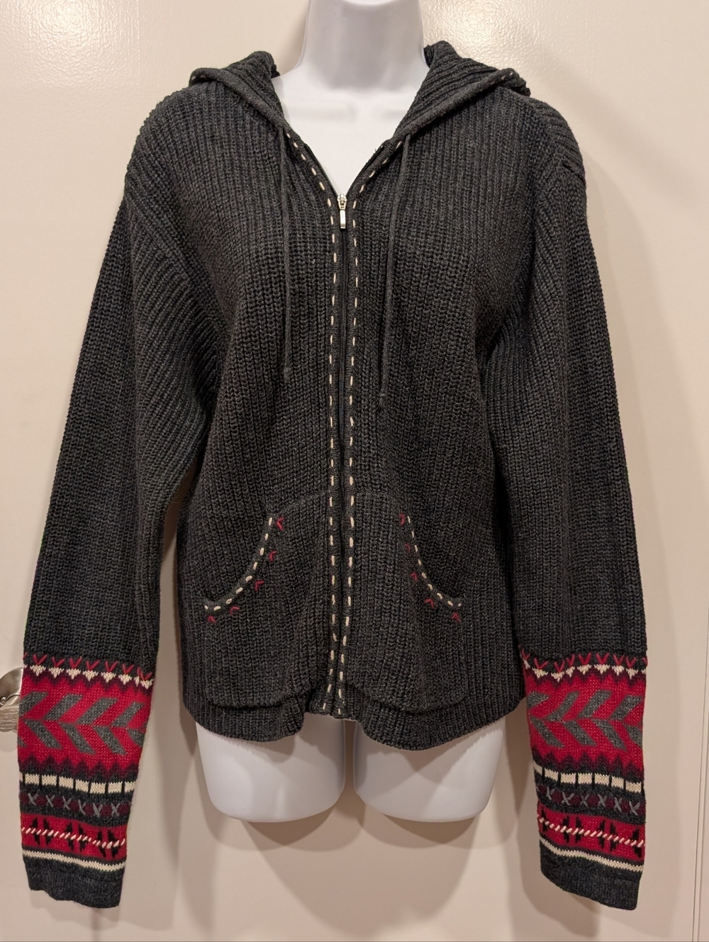 Woolrich Dark Charcoal Long Sleeve Front Zip Hooded Sweater Women's LG MINT COND